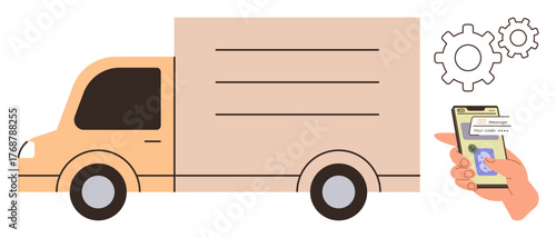 Logistics truck, smartphone with delivery tracking app in hand, gears symbolizing functionality. Ideal for shipping, logistics, online shopping, efficiency, technology e-commerce operations. A