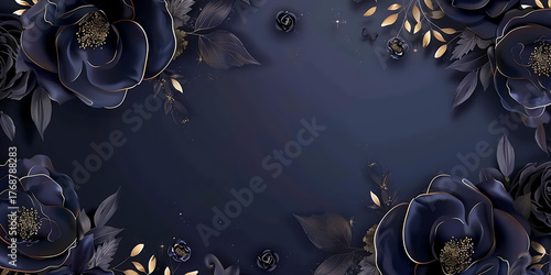 Elegant dark blue floral arrangement with golden accents, perfect for invitations or backgrounds.