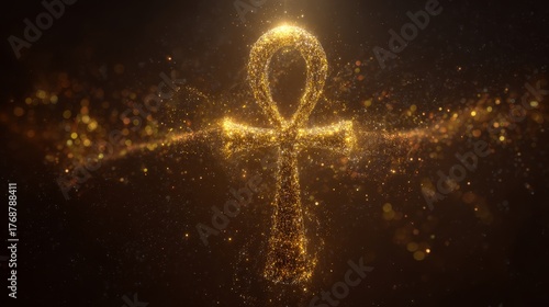 Ancient Egyptian ankh symbol floating with golden particle effects