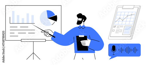 Man presenting data on a chart with pie and bar graphs, clipboard report, and audio message. Ideal for teamwork, business strategy, data analysis, education, training, communication remote work