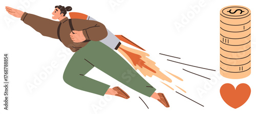 Person flying with rocket booster toward coin stack and heart, symbolizing ambition, financial growth, goals, and passion. Ideal for business, motivation, entrepreneurship, career finance