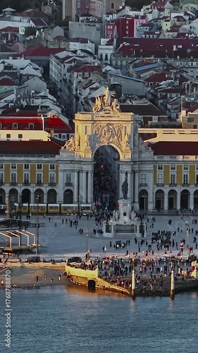  Aerial view of Comerce Square Scenery. Historic city landscape. Lisbon, Portugal