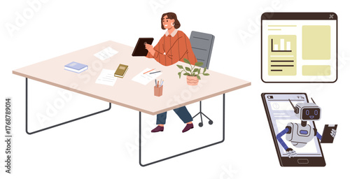 Woman at desk using tablet, robot assistant on smartphone, analytics on dashboard. Ideal for automation, technology, workplace, AI management, productivity remote work digital solutions. Simple