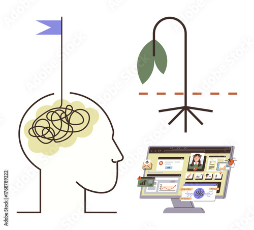 Tangled lines in the brain, a drooping plant, and a computer monitor with work elements portray challenges in problem-solving, productivity, and stress. Ideal for mental health, burnout, online