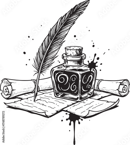 Literary Heritage Sketch: Classic Writing Instruments with Ink Splatter Detail