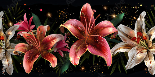 Elegant lilies bloom in a dark, enchanted garden with shimmering light