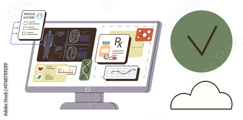Computer displaying patient history, diagnostics, DNA, prescription details, and charts. Green checkmark and cloud storage emphasize security, automation, and remote health management. Ideal