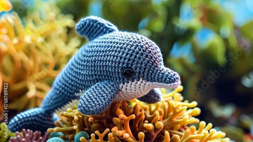 Crocheted Dolphin in Aquatic Haven: A handcrafted crochet dolphin resting amidst vibrant corals, embodying the serene beauty of the ocean.