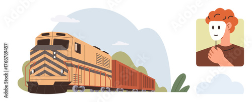 Freight train traveling through landscape with clouds and foliage beside a person holding a mask. Ideal for transportation, identity, self-expression, journeys, psychology, metaphor, decisions