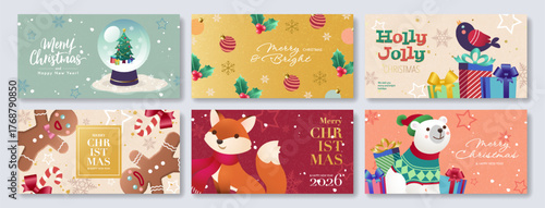 Merry Christmas and Happy New Year illustration set. Cute vector cartoon of gingerbread man, snow globe, fox, Christmas present, polar bear, for banner, horizontal greeting card, poster, or background