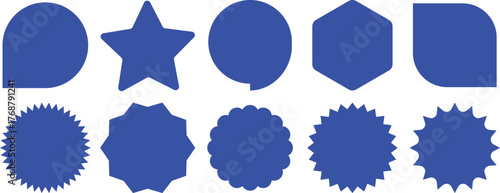 Empty blue starburst sunburst badges. Sale stickers, price tags, quality marks. Blank red discount labels isolated. Sunburst price sticker set for product marketing