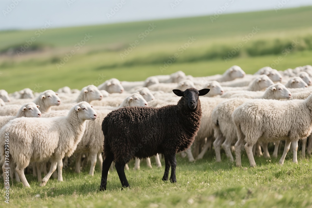 Obraz premium A striking black sheep stands out prominently amid a flock of pure white sheep in a lively vibrant green meadow