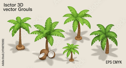 Isometric palm trees with coconuts create a tropical vibe in 3D vector