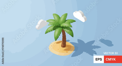 Isometric tropical island with palm tree and clouds idyllic paradise scene