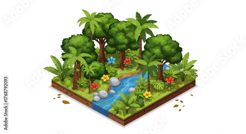 Isometric tropical landscape with river and diverse vibrant vegetation