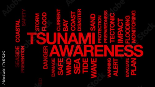 Tsunami awareness concept Animated Tag Word Cloud kinetic typography, Text Design Animation typography seamless loop video motion graphics Intro, Word Art Looping red type on black background bg