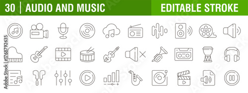 Collection of music and audio icons. Rhythms, instruments, musical instruments, hobbies. Vector design templates, signs, symbols, editable strokes.