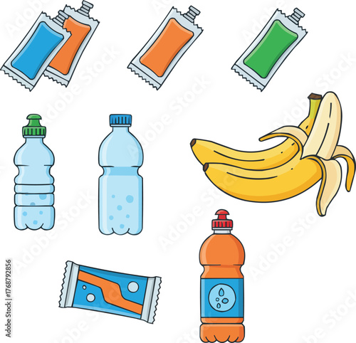 Vector Illustration Set of Snacks and Drinks for Energy and Hydration