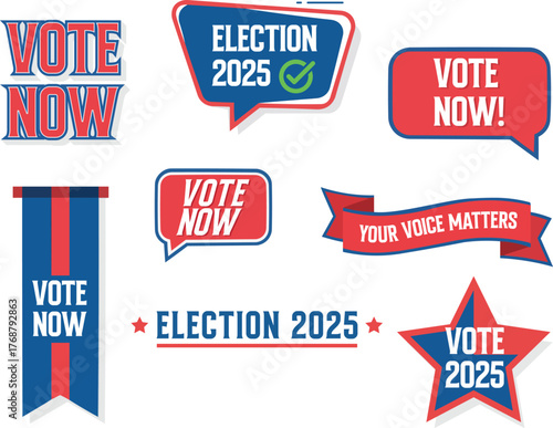 Set of Election Vector Labels and Stickers: Vote Now, Election 2025, Your Voice Matters