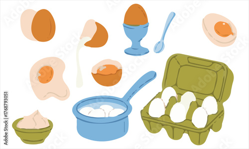 Collection of illustrated eggs and egg preparation items