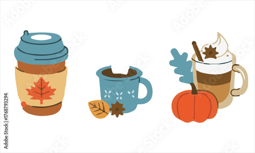 Cozy autumn drinks and fall decorations