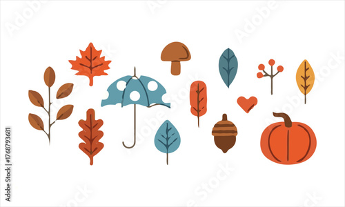 Autumnal elements collection featuring leaves umbrella pumpkin and acorn