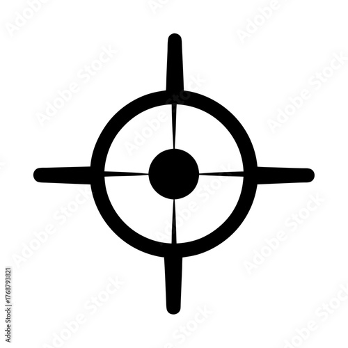 A symmetrical crosshair symbol with a central circle and four points extending outwards