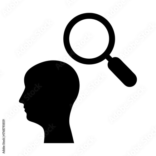 Conceptual illustration depicting a magnifying glass examining a human head silhouette