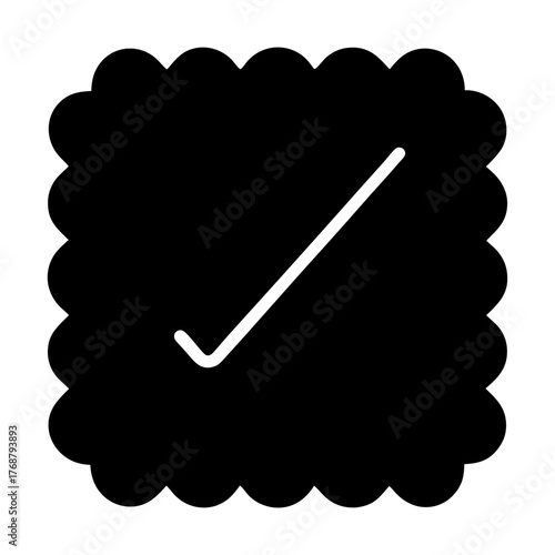 Black square with scalloped edges and white checkmark, symbol of approval
