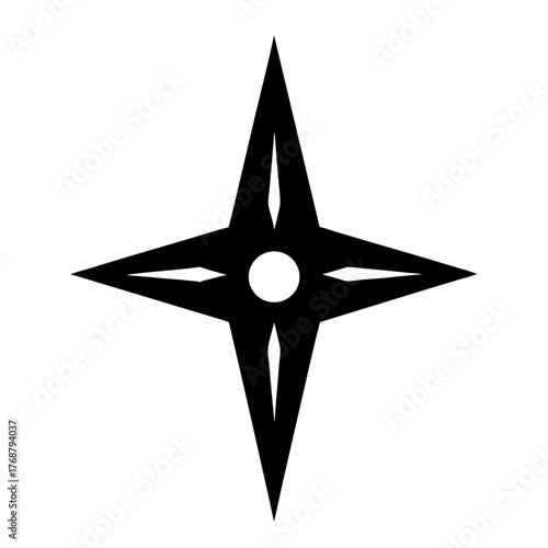 Geometric ninja star with four points and central circular void, isolated on white