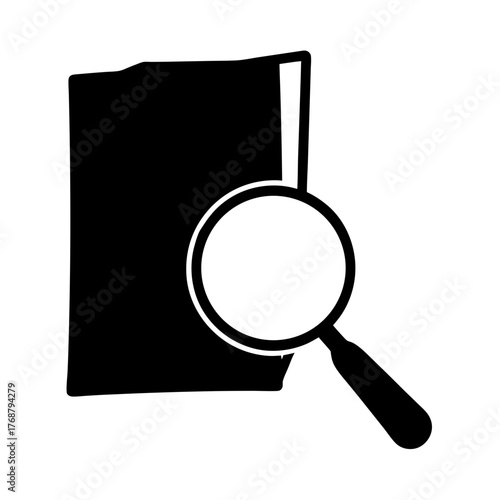 Book under investigation with a magnifying glass in a black and white theme
