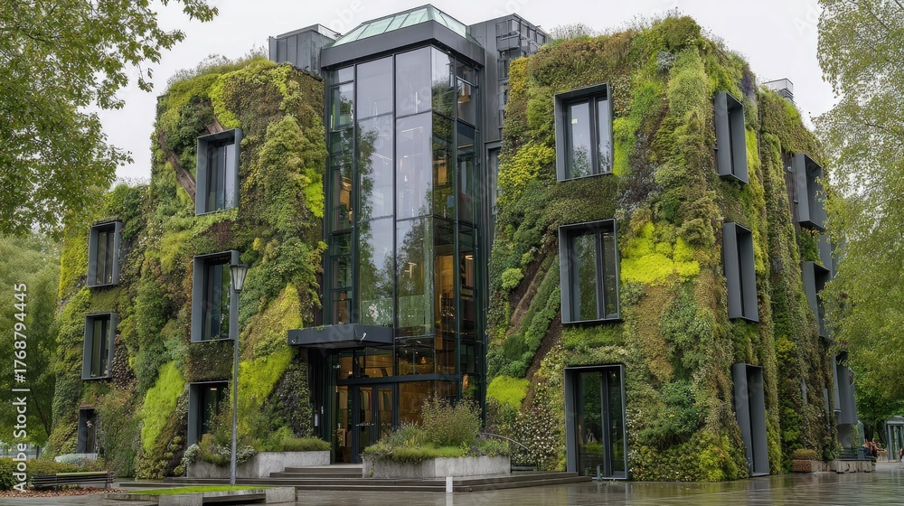 Fototapeta premium Modern Urban Building with Green Vertical Garden and Eco-Friendly Design Featuring Lush Plant Coverage and Unique Architectural Features
