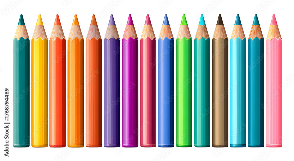 Fototapeta premium Vibrant collection of sharpened colored pencils arranged in a spectrum of brilliant hues, ready for creative projects