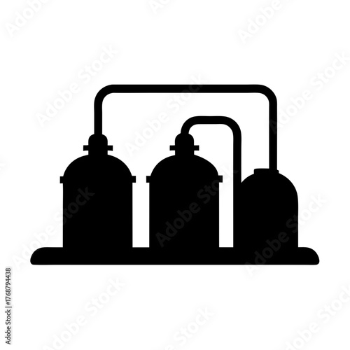 Silhouette of a chemical distillation process with interconnected tanks and tubes