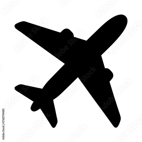 A simple black silhouette of a commercial airplane flying up and away