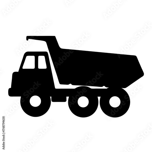 Black silhouette of a dump truck with six wheels and tilting container