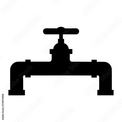 Black silhouette illustration of a water valve with connected pipes and knob