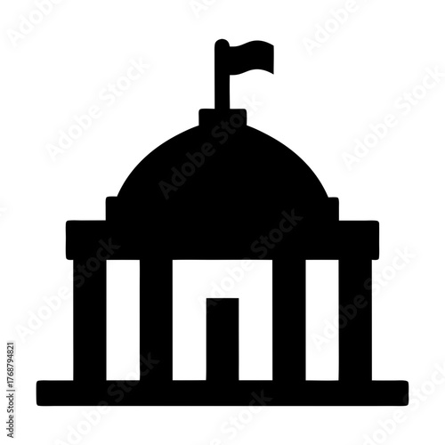 Stylized image of a governmental building with dome and flag on top
