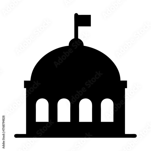 Silhouette of a domed building with arches and a flag on top