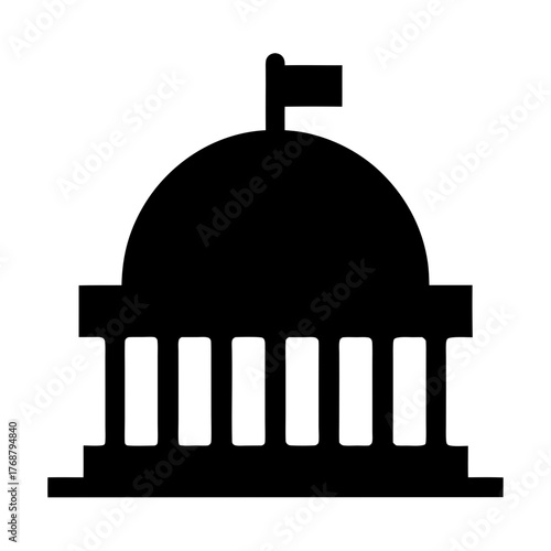 Simplified monochromatic government building silhouette featuring a dome and flag