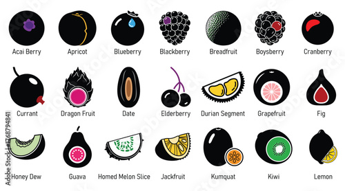 Collection of various fruits and berries depicted as colorful gemstones and jewels with unique shapes and textures