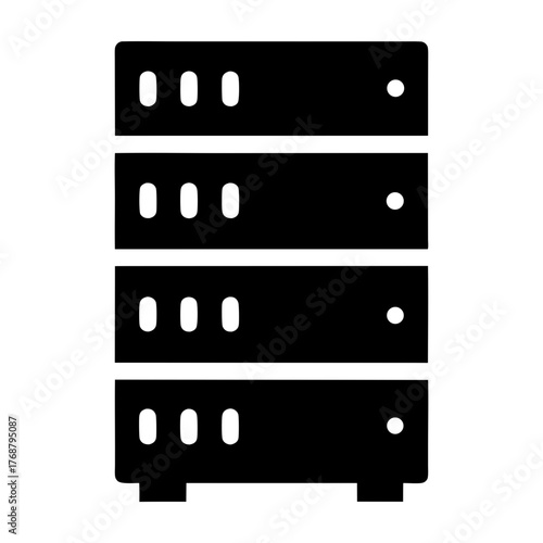 Stack of black servers with indicator lights in a server room setting