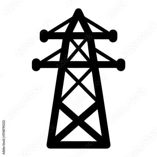Black vector image of an electric power transmission tower on white background