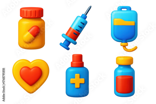 Emergency Medicine Icons. 3D icon set of emergency medicine: pill bottle, injection syringe, IV fluid bag, heart pill, antiseptic
