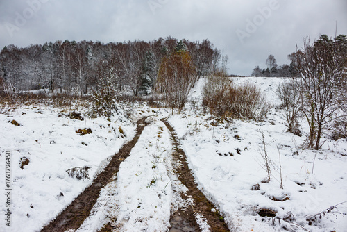 Muddy tire tracks cut through patchy snow in a winter field under an overcast sky. Leafless trees frame the quiet, chilly, raw landscape