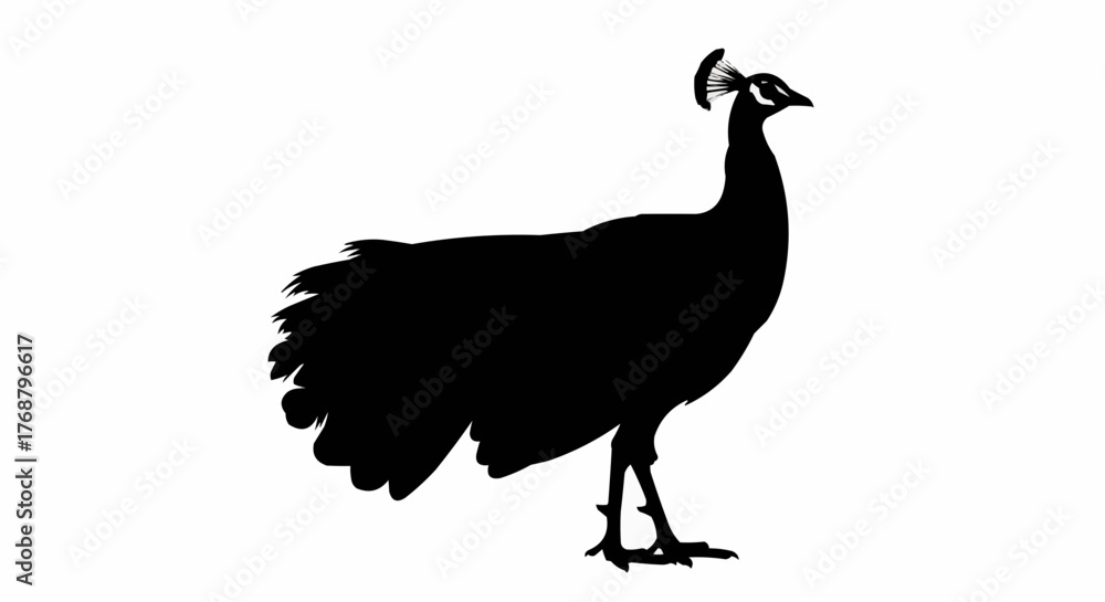 Fototapeta premium Silhouette of a peacock standing with its head held high and feathers displayed elegantly on white