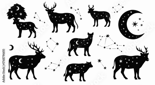 Silhouettes of deer and wolves with celestial bodies and constellations on a white background design art