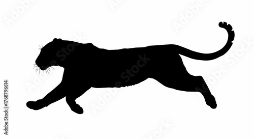 Silhouette of a black panther in mid stride with its tail curled upward on a white background image