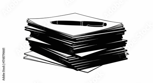Illustration of a large stack of white papers with a black pen resting on the top sheet of paper