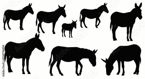 Silhouette depiction of a group of donkeys in various poses against a white background image art design